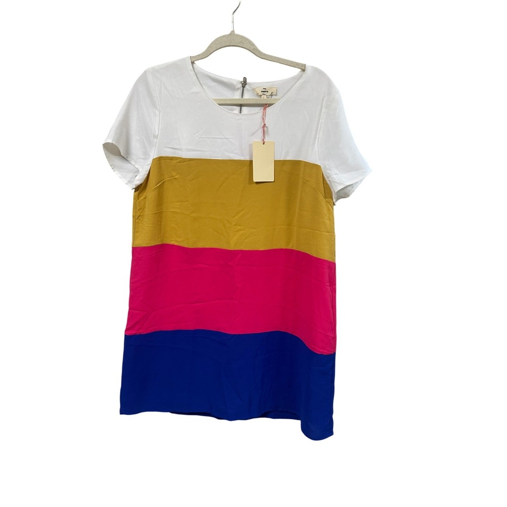 Entro Womens Colorblock Shift Dress Short Sleeve White Yellow Pink Blue L D12414